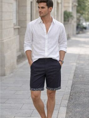 Denim & Flower Navy Printed Cuff Flat-Front Shorts